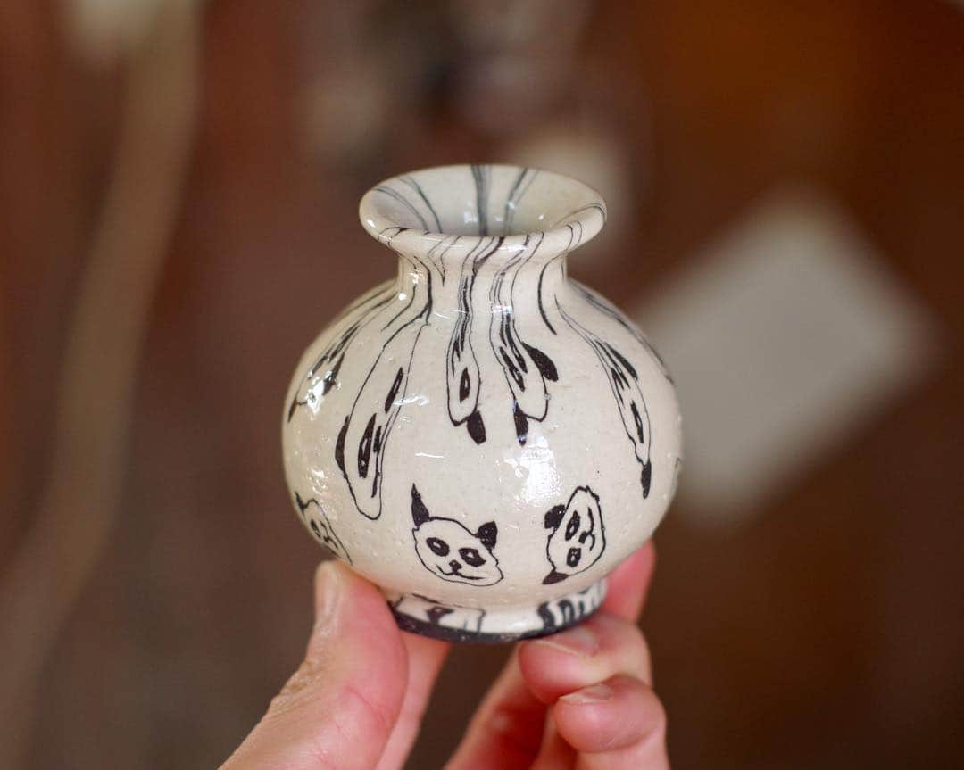 作家もの水野智路　パンダ　陶芸　練り込み花瓶　一輪挿し