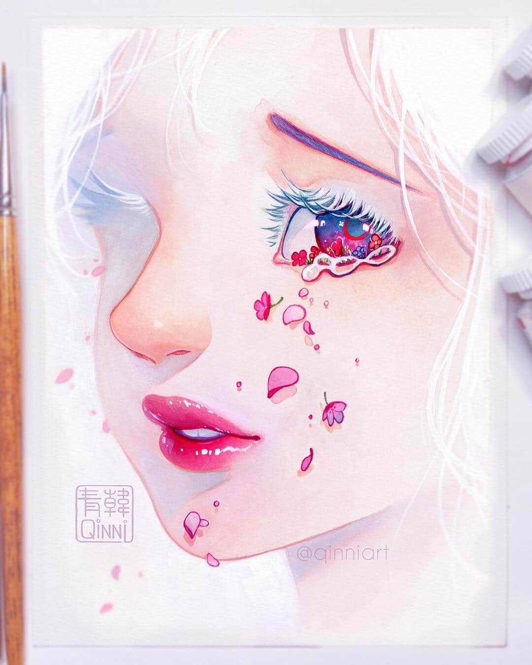 Qing Hanのインスタグラム：「Flower drops💧🌸 • • • This was an gouache+watercolour experiment on hot-press watercolour paper, since I've never used hot-press before, and it really kinda morphed from just an eye into a full face sorta lmao ~ I filmed the process for this painting, though editing takes such a long time I'm not sure if I'm up to it, since my back pain is pretty bad. Also, I found out the reason for my back pain is cause of my heart surgeries hahaha. Apparently during open heart surgery, they kinda bend the ribs open and since the rib goes around to the back and the spine, it can fuck up the back. Sometimes ribs can even be broken so the surgeon can get to the heart better...so yeah, massages doesn't really help me anymore either so that's fun lol. I kinda want to try topical cannabis oil haha. I'll ask the next time I see my cardiologist. I already got the ok from the pre-transplant clinic cardiologist, but it's always good to make sure :p Thanks for sticking around guys :3 • • • #painting #illustration #flowers #tears #watercolor」