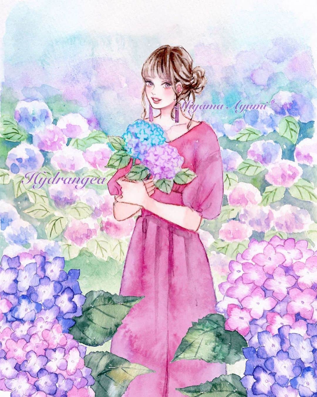 Miya ミヤマアユミ さんのインスタグラム写真 Miya ミヤマアユミ Instagram 紫陽花 1番好きな花かもと思うくらい毎年見惚れてしまいます 今年のカレンダー6月のイラストでした モデルは Xxmiz0rexx さん Artwork Watercolor 水彩 Art Illust