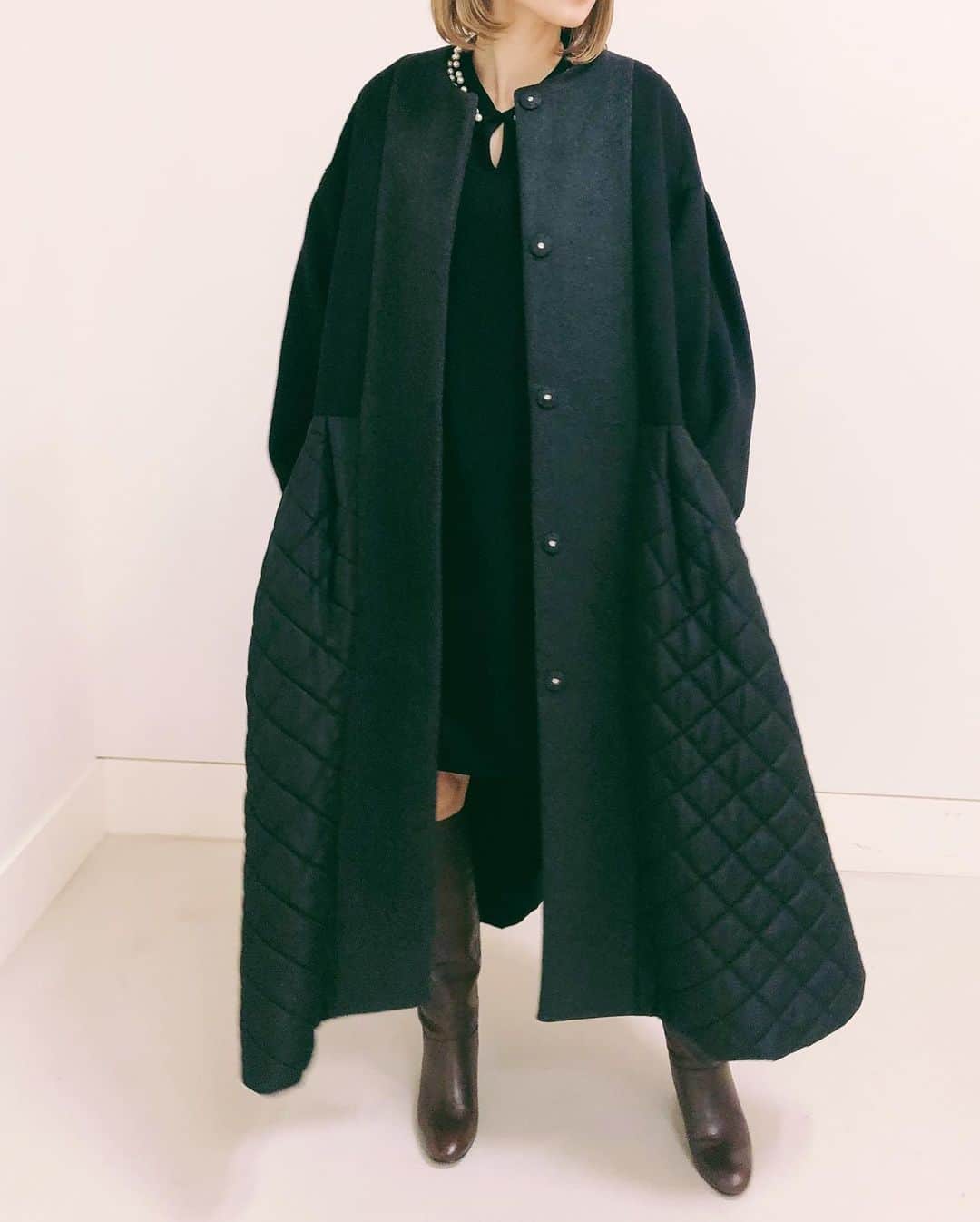 CAROLINA GLASER キルティング配色コート　ブラック