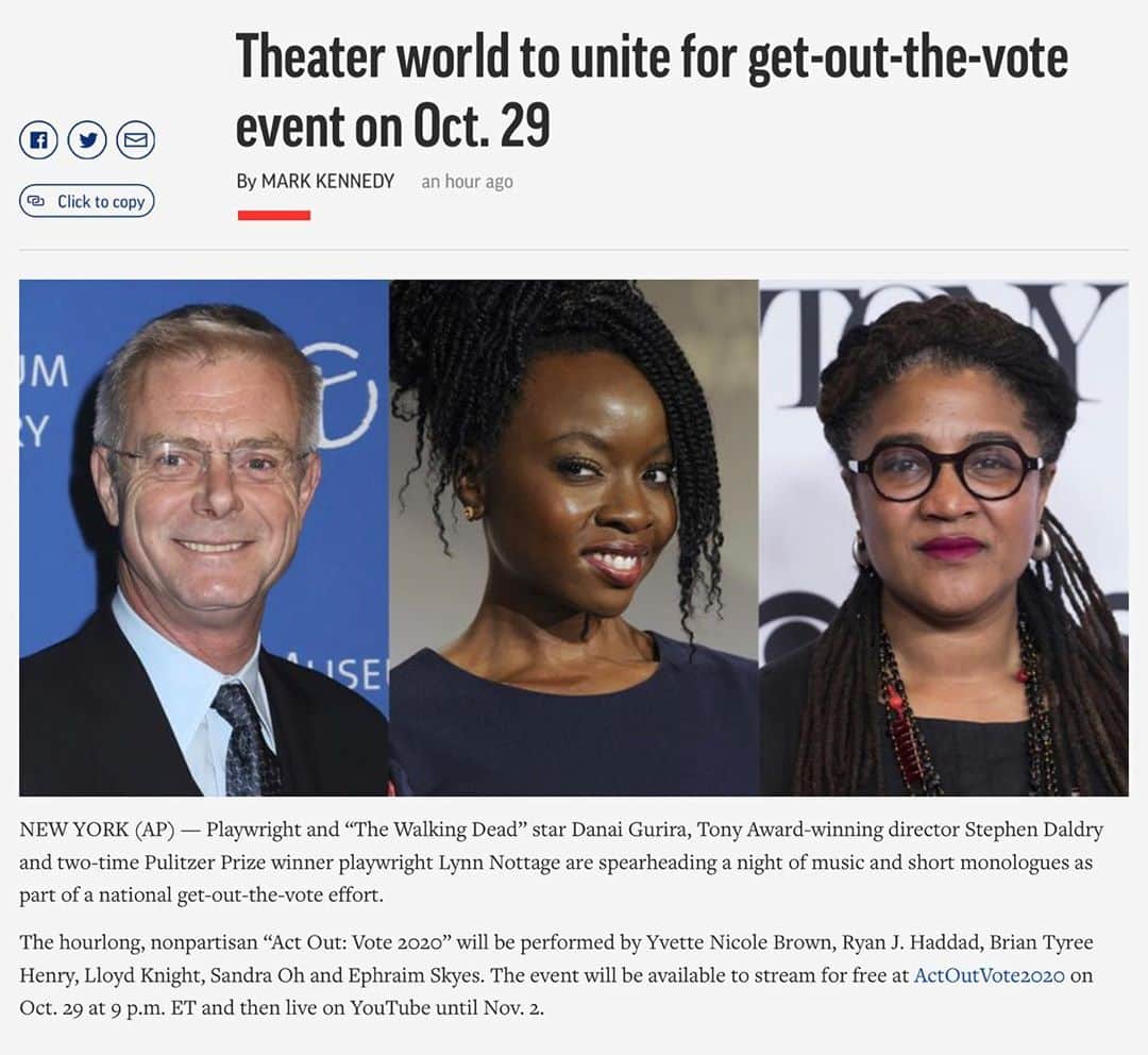 ダナイ・グリラのインスタグラム：「Excited to be partnering with @WhenWeAllVote and some of my incredibly talented fellow-thespians to bring you a night of theater, song and dance in a unique get-out-the-vote celebration honoring American theater while amplifying American voices. Learn more about this special event on YouTube! ➡️ http://bit.ly/ActOutVote2020 #ActOutVote2020」