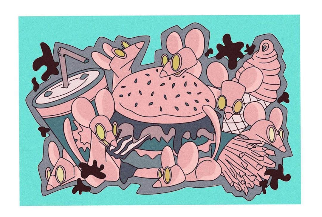 牧島輝のインスタグラム：「この間作ったグッズの色違い！  ネズミとハンバーガー🐀🍔 ピンクも良かったけどこっちもいい感じ！  またグッズ作りたいなー！  #イラスト　#投稿 #art #ネズミ　#ハンバーガー　#色違い #新作　#グッズ　#お楽しみに」