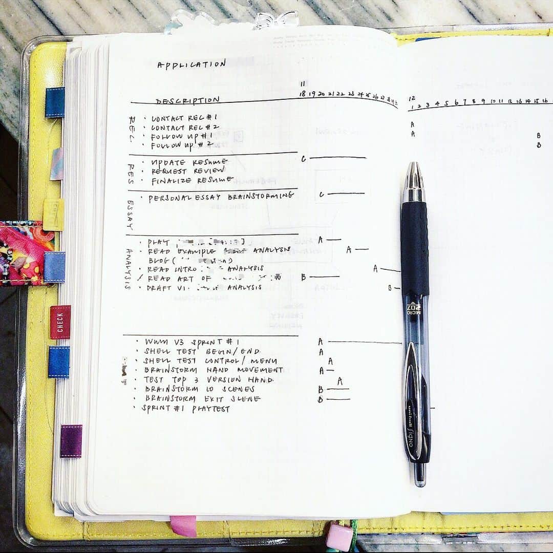 Dara M.のインスタグラム：「Planning an application I’m submitting in a few weeks by each section and timeline. I also borrowed the ABC prioritization method from #franklincovey, where “A” denotes the most important tasks. #bulletjournal #plannercommunity #stalogy #minimalistplanner #functionalplanning #journal #planner」