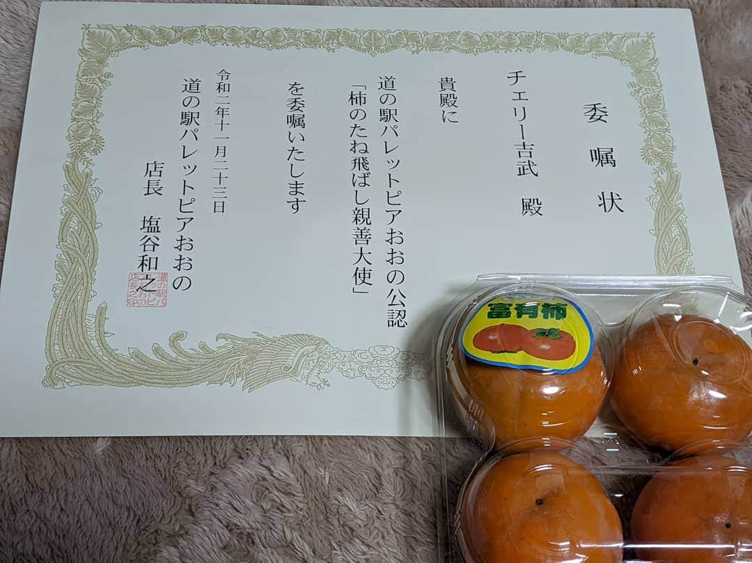 チェリー吉武のインスタグラム：「岐阜県にある道の駅パレットピアおおの こちらの富有柿を全国へ!全世界! 富有柿のたね飛ばし親善大使に任命して頂きました。 富有柿の魅力を伝えるためたね飛ばし、いろんな所にまいていきます。  チェリーだけど柿のたね飛ばし大使 いいねー チェリーGood🍒」