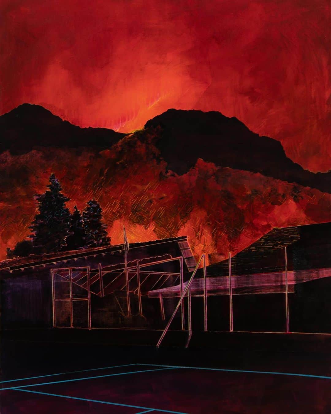 Robert Bingamanのインスタグラム：「Around the time that people in San Francisco were posting pictures of an orange sky, this painting became a fire picture. That felt dangerous. I remember earlier in the year reading about how Marina Abramović believed that to respond to the events of the day was a kind of abdication of the artist’s sacred duty to transcend all moments.  And look, I like being transcendent as much as the next guy, but there’s something undeniable about seeing something from a world away and saying to yourself, “I can paint that sky.” As an offering.  It’s part of “There in Spirit” and it’ll be up until Thanksgiving. Stay safe.」