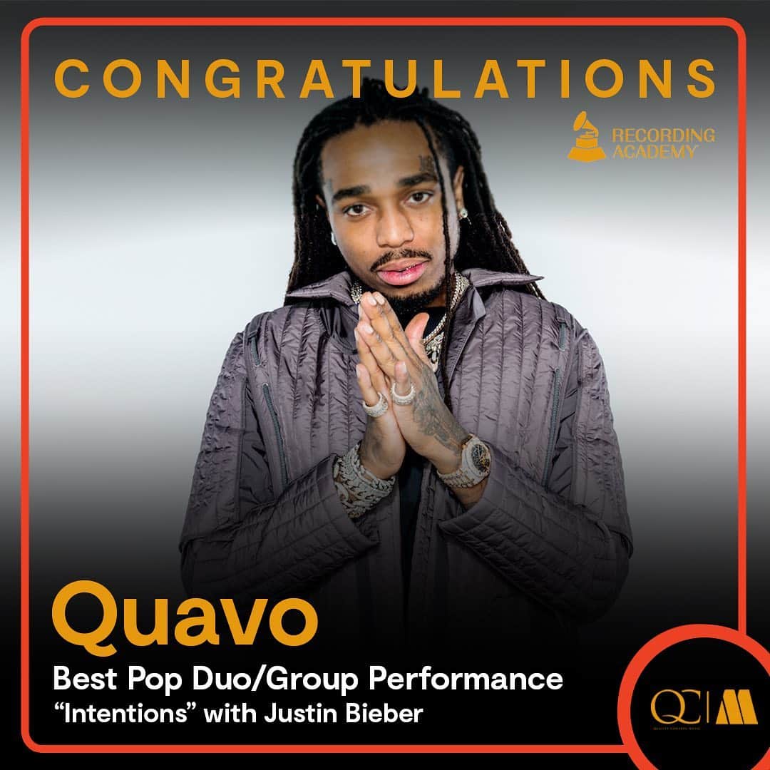 Migosのインスタグラム：「Congratulations @quavohuncho on your nomination for “Intentions” with @justinbieber as Best Pop Duo/ Group Performance」