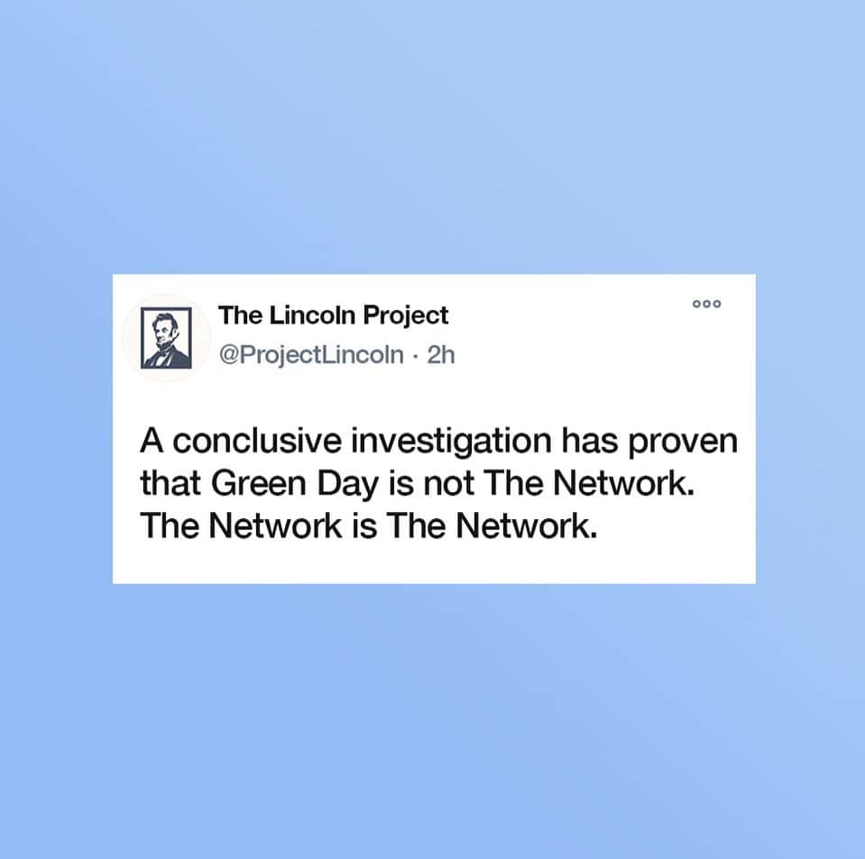 Green Dayのインスタグラム：「We’ve noticed way too many conspiracies thrown around and thankfully The Lincoln Project has debunked things once and for all. Please ask yourself is there really any way that Green Day could actually be @thenetwork?」