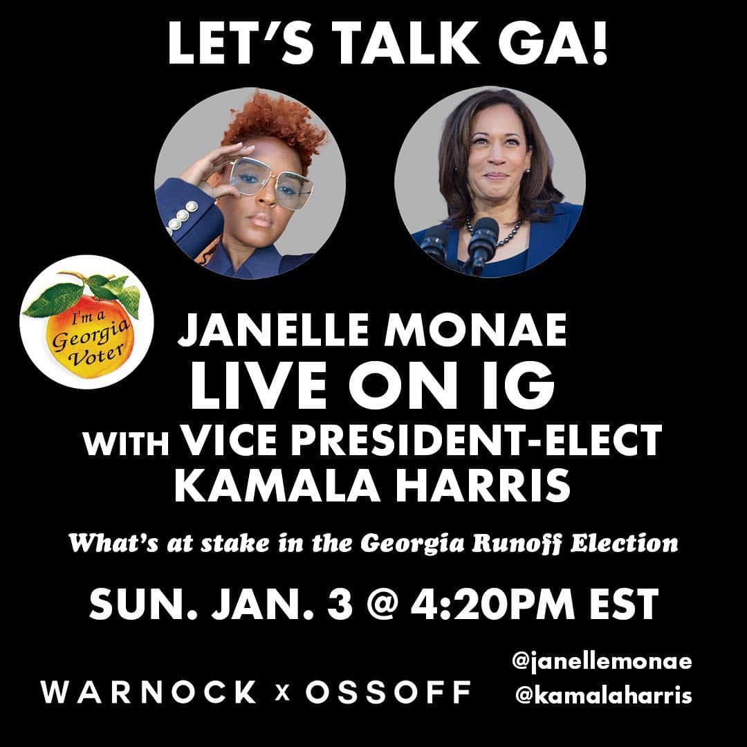 ジャネル・モネイのインスタグラム：「‼️TODAY in less than an hour, join me and Vice President-Elect @kamalaharris for LET'S TALK GA! on IG Live at 1:20PM PST/4:20PM EST!!!!」