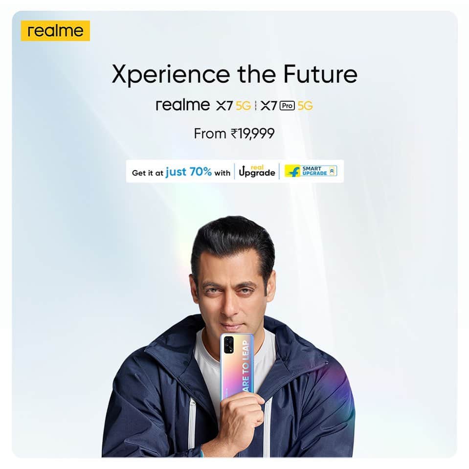 サルマン・カーンのインスタグラム：「Welcome #realmeX7 and #realmeX7Pro, new flagship smartphones from @realmeindia   Ye future ready hain, 5G ke sath fastest charging bhi or hai badiya display and awesome design.」