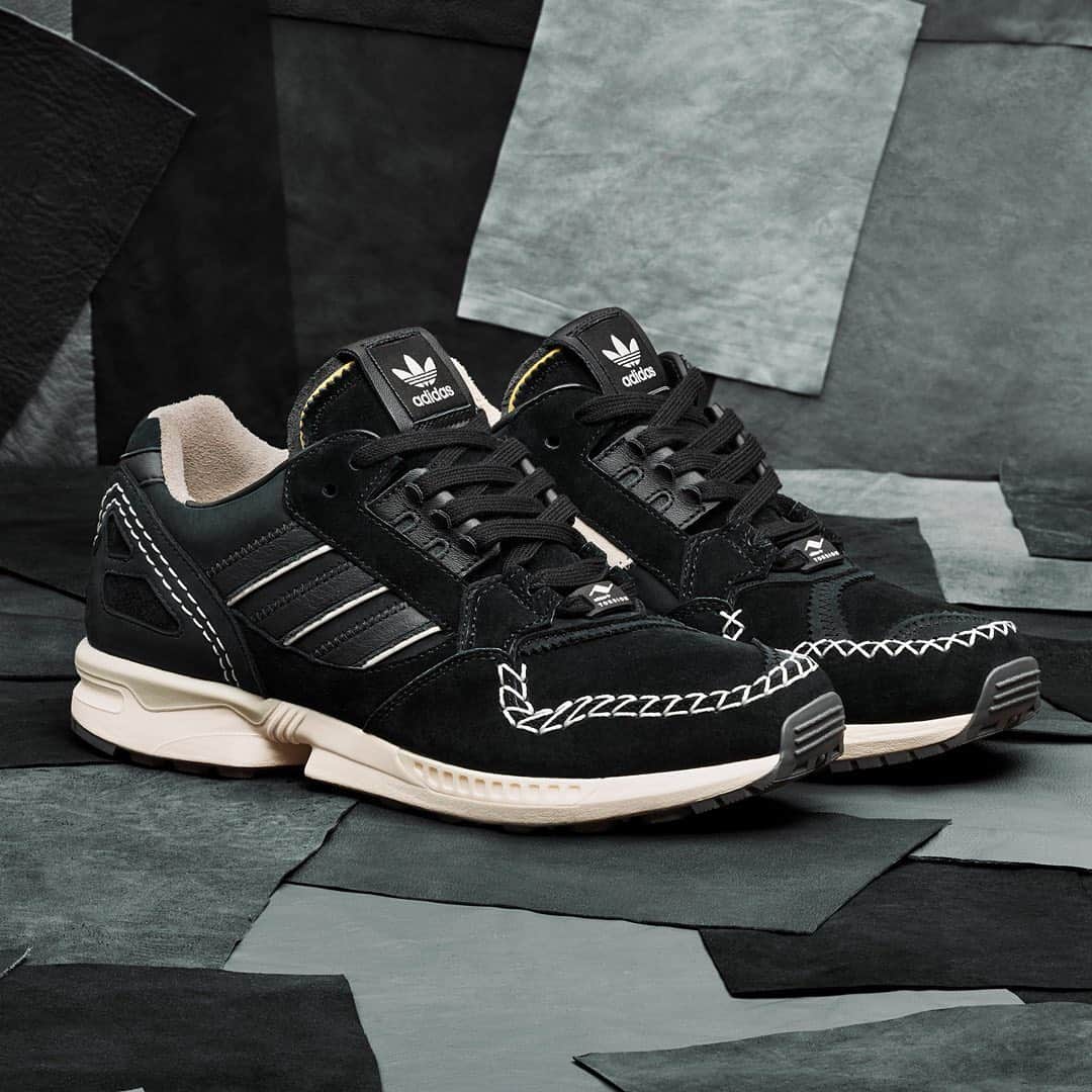 adidas Originalsのインスタグラム：「It’s all in the detail.  The next release in the #AtoZX series offers a moccasin spin on the iconic silhouette. Its black suede upper and leather details, tied together with a detachable fringe collar, make the #adidasZX 9000 YCTN an ode to elevated design.  Available globally on February 5th at adidas.com/A-ZX.」