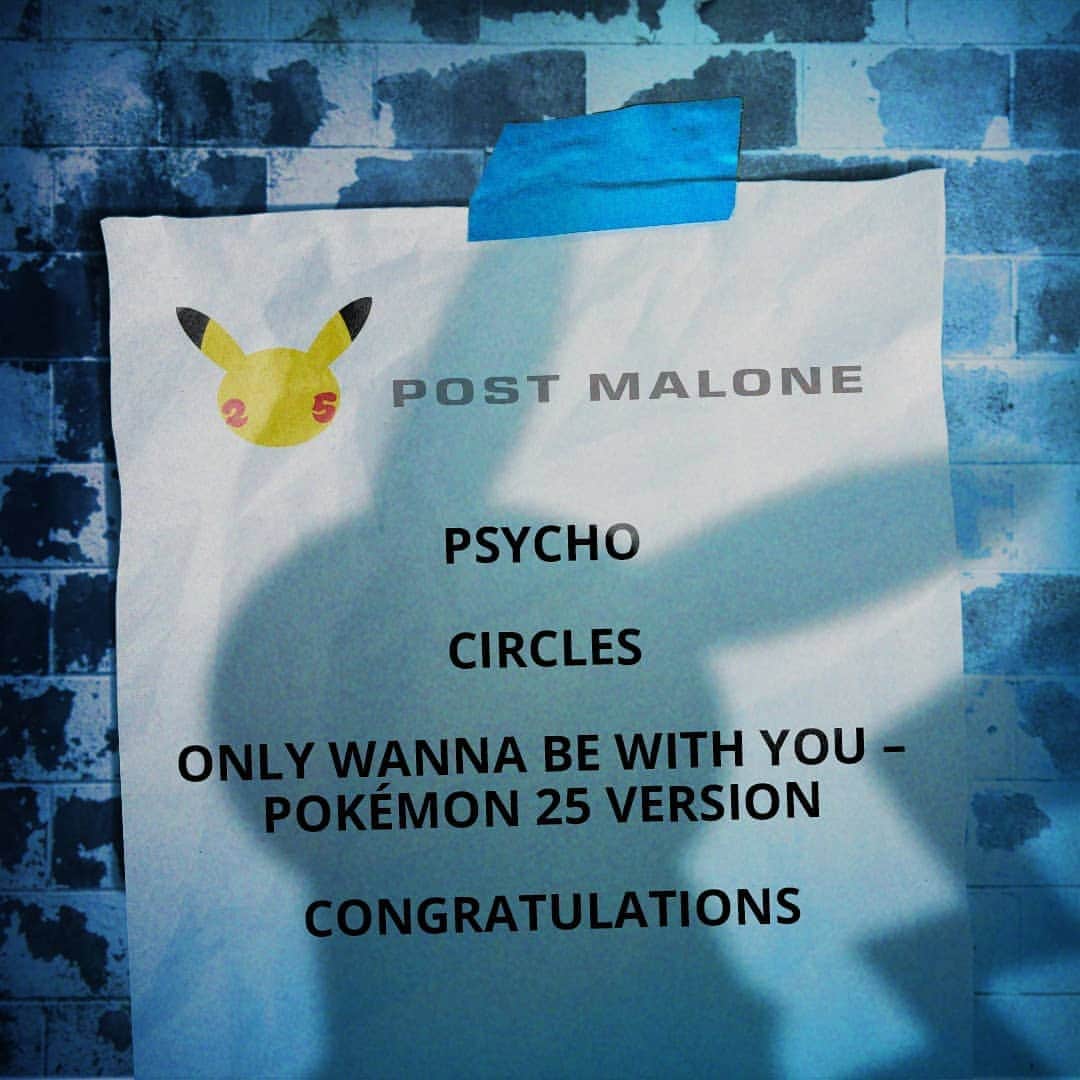 Pokémonのインスタグラム：「We grabbed a @postmalone setlist for you, Trainers!  Double-tap if these songs are going to be stuck in your head for the rest of the week. 🎶  #Pokemon25」