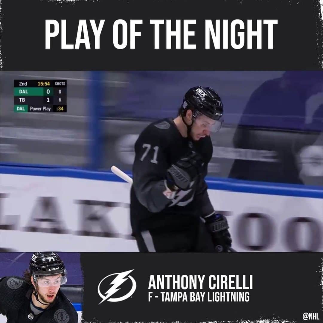 NHLのインスタグラム：「- Antony Cirelli's (@acirelli22) beauty on the breakaway. - @matt.dumba with a nasty OT winner. - Scott Laughton coming in hot. - Vintage Jason Spezza.  Lots to choose from, but only one can be Play of the Night!」