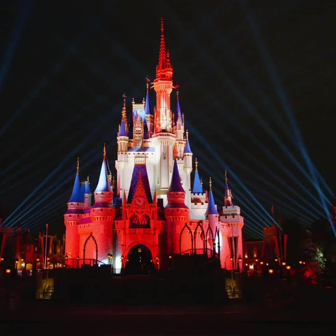 Walt Disney Worldのインスタグラム：「Super Bowl LV Champions! 🏈❤️🖤 Cinderella Castle at Magic Kingdom Park lights up in honor of the Tampa Bay @Buccaneers winning the big game tonight  and then turns blue in recognition of the nation’s health care heroes who’ve been courageously battling the global pandemic. 💙 #DisneyMagicMoments #SBLV」