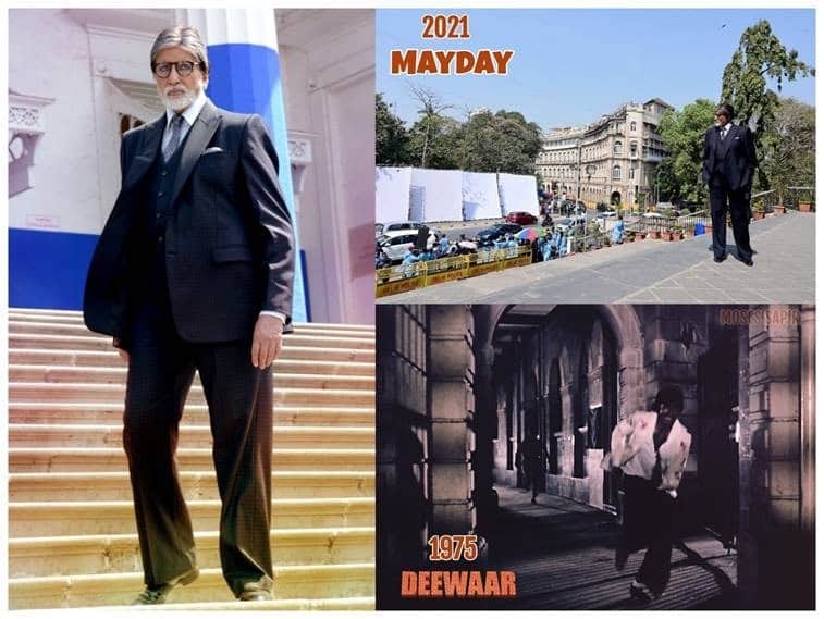 アミターブ・バッチャンのインスタグラム：「Deewar 1975 .. Mayday 2021 .. looking back in time .. the same corridor .. the same location .. so many film shoots here of several films of mine .. but today .. this came up」