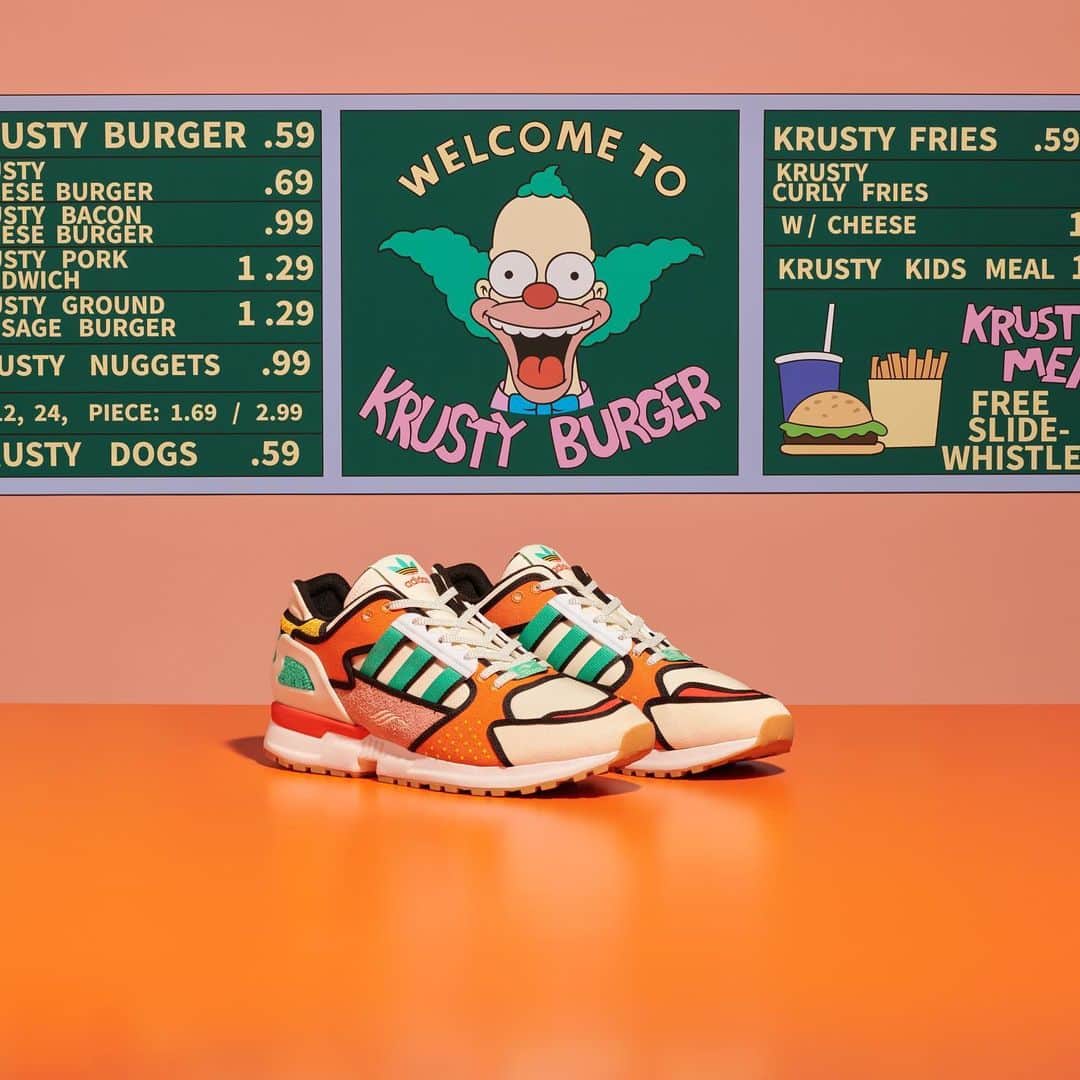 adidas Originalsのインスタグラム：「Next up in the #AtoZX journey is a homage to Springfield's Krusty Burger. With a multi-color upper and polka dot burger burger bun seeds, the ZX 10000c is fit for any footwear fanatic.   Enter the raffle today on the adidas app and exclusively on Confirmed in the US for a chance to purchase on February 12th.   Available globally on February 12th at adidas.com/A-ZX.」