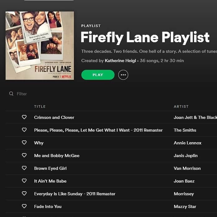 キャサリン・ハイグルのインスタグラム：「Songs have a way of evoking memories of special moments in our lives. Where we were, what we were doing, who we were with. Inspired by the Firefly Lane soundtrack I've curated a @spotify playlist with some of my favorite retro tunes from the '70s to '00s! You can listen by clicking on the link in my bio. Tell me what you think (awesome right? 😁) and let me know what tunes would be on your #FireflyLane playlist! spoti.fi/katherineheigl」