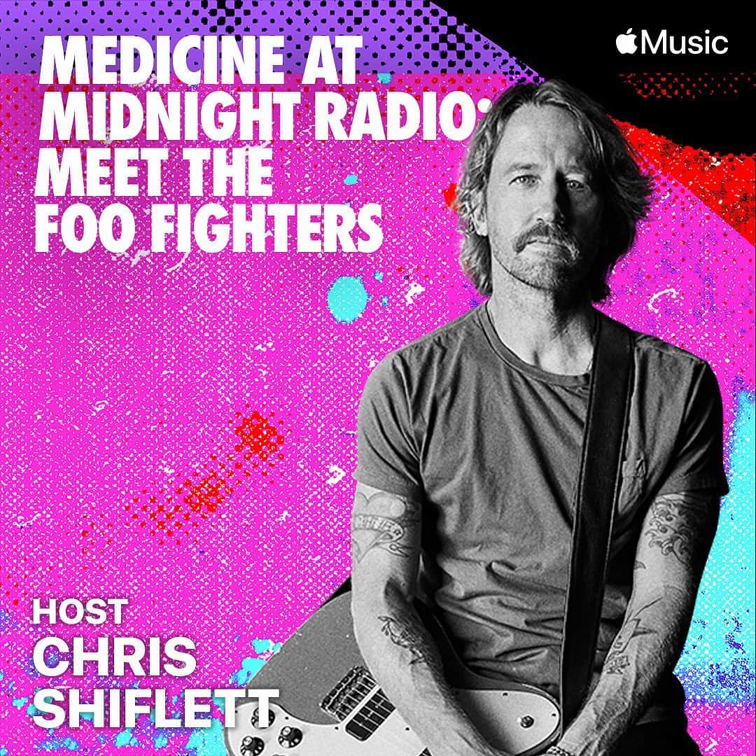 フー・ファイターズのインスタグラム：「Today's episode of #MedicineAtMidnight Radio comes from Chris Shiflett!!! Tune in at 4pm PST to hear it live. Open @applemusic, tap Radio, and hit Apple Music Hits to listen live.   Catch up with Nate's episode on demand now at link in bio.」