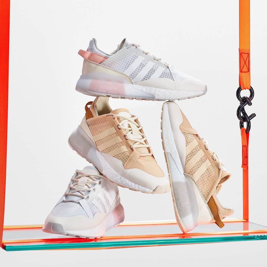 adidas Originalsのインスタグラム：「Pure ZXience.  The ZX 2K Pure pushes the adidas aesthetic code. Tying together distinct design elements, the sneaker’s ripstop netted overlay and BOOST midsole make it a drop for those who go against the grain.  Launching globally on February 11th.」