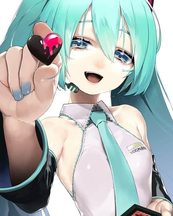 初音ミクのインスタグラム：「Hey, you're my valentine right? Do you want a chocolate? A bath? Or...me? 😳  Artist: Rsk  #初音ミク #HatsuneMiku #Twitter #Kawaii #Pixiv #Vocaloid #Anime #Valentines」