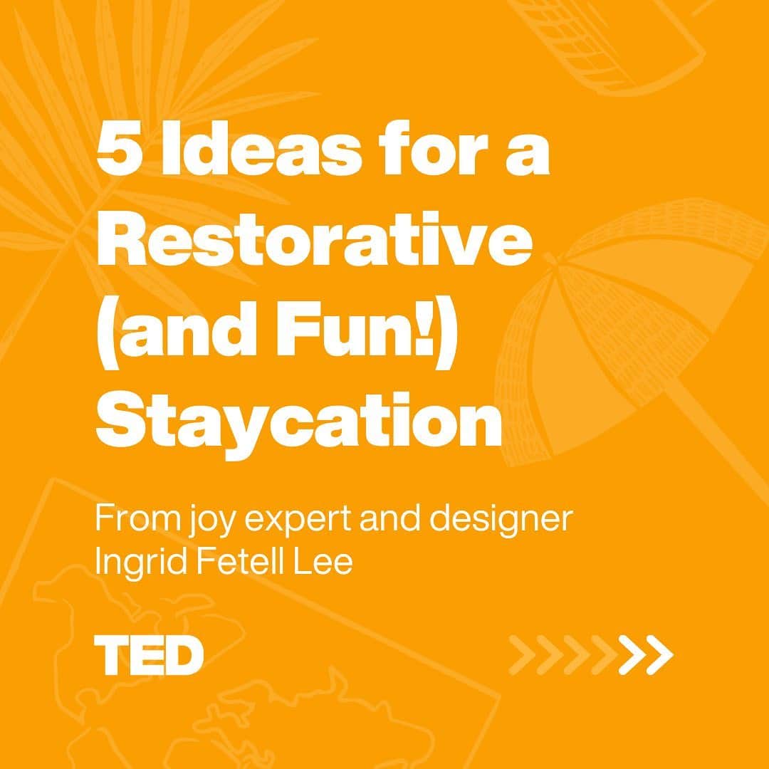 TED Talksのインスタグラム：「Desperate for a break but can't travel? We feel you. That’s why we’re recommending you take a getaway from the comfort of your own home! Joy expert and designer Ingrid Fetell Lee (@aestheticsofjoy) says that staycations can provide you with some of the same benefits as traveling. Try these tips for having a staycation that's invigorating, eye-opening *and* fun. Visit the link in our bio for more of her great at-home vacation ideas.」
