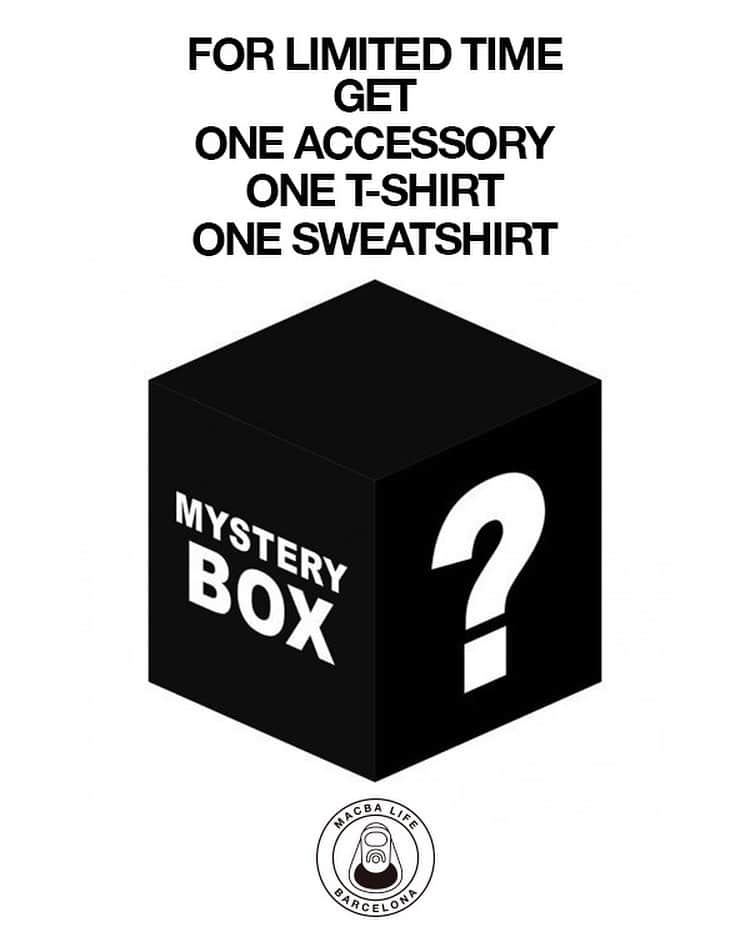 MACBA LIFEのインスタグラム：「FOR LIMITED TIME ONLY!  MYSTERY BOX 📦 INCLUDE  - one accessory  - one t-shirt  - one crew or hoodie   ONLY 49,95€   Link in BIO.  #macbalife」