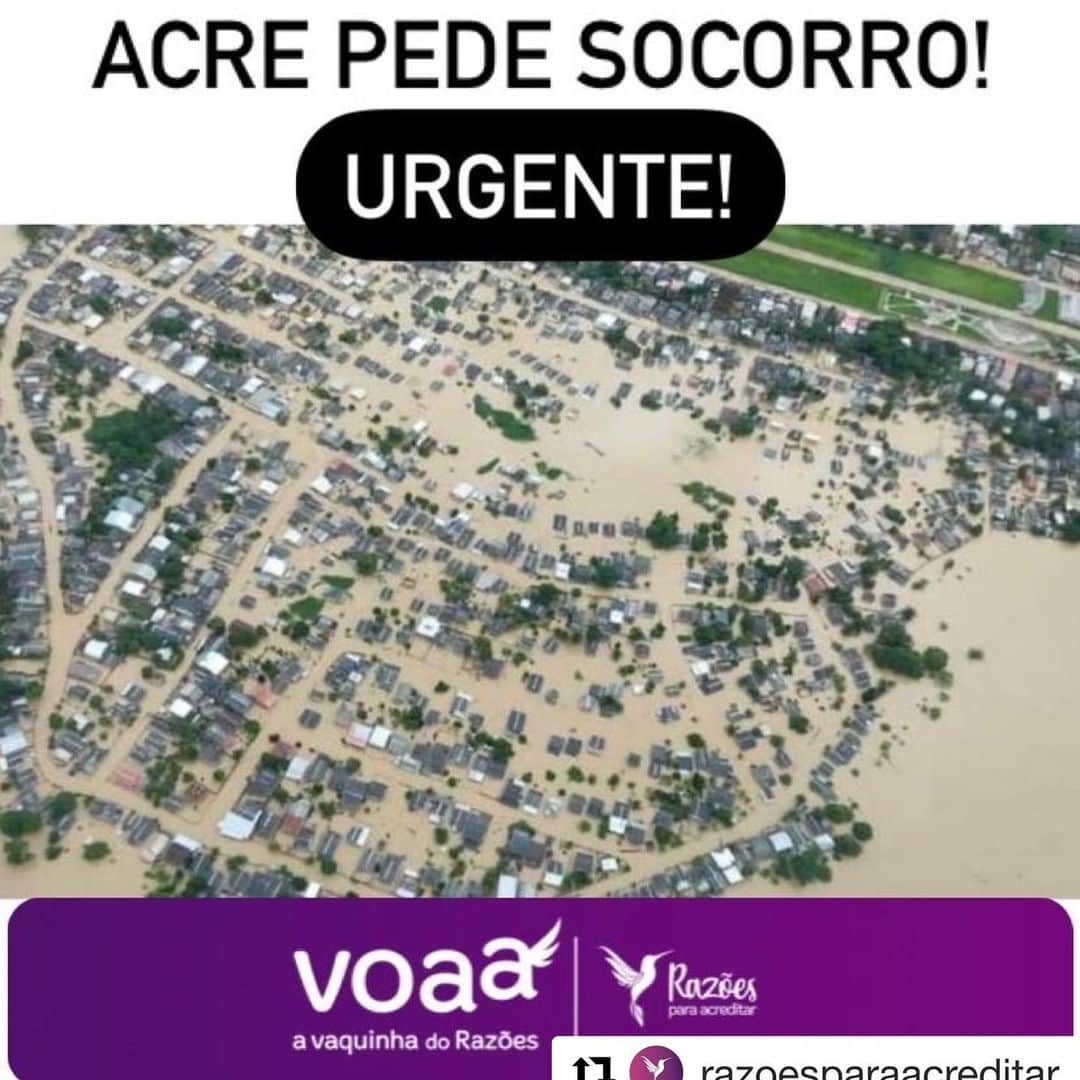 アンジェリカのインスタグラム：「#Repost @razoesparaacreditar  URGENTE, SOS ACRE! ⠀O Acre precisa da nossa ajuda! 😭😭 Com a pior enchente da história do estado, foi decretada situação de emergência. É desesperador! São mais de 120 mil pessoas desabrigadas em 10 cidades, sem comida e água potável.⠀ Para vocês terem uma ideia do tamanho do problema, a cidade Tarauacá está com mais de 90% do município inundado pela enchente. Ainda temos as famílias indígenas que estão isoladas, sem poder caçar e plantar. Muito triste! 😔 ⠀Para ajudar essas famílias, lançamos a vaquinha na @voaa_vaquinhadorazoes em conjunto com as ONG´s @institutoanossajornada, @amigossolidariosac, @transforma.brasil , @projetoolhardiferente e do médico @rodrigodamascenotk da foto dele atendendo uma criança em meio a enchente, que viralizou. Serão comprados emergencialmente milhares de kits com cesta básica, água mineral, material de limpeza e de higiene pessoal que serão entregues a essas essas famílias. ⠀O Acre pede socorro. Vamos juntos mudar a história de milhares de pessoas?! 🙏🏻 ⠀Contribua clicando pelo link da bio ou nosso stories. Digite também pelo seu celular: voaa.me/sos-acre-enchente Compartilhe com seus amigos!」