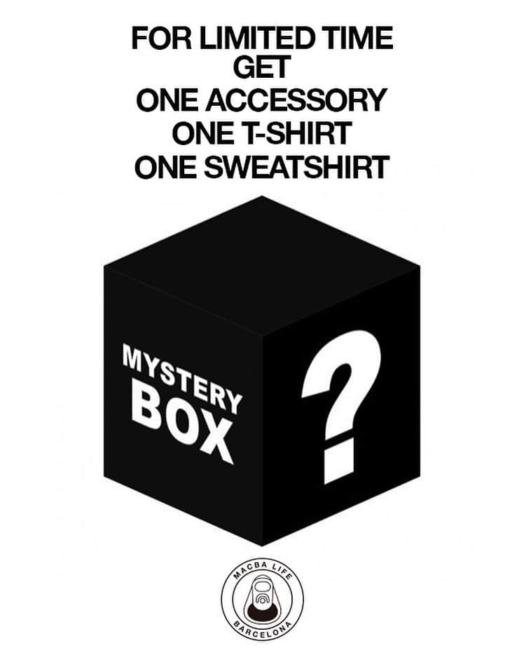 MACBA LIFEのインスタグラム：「FOR LIMITED TIME ONLY!!  MYSTERY BOX 📦 INCLUDE  - one accessory  - one t-shirt  - one crew or hoodie   ONLY 49,95€   Link in BIO.  #macbalife」