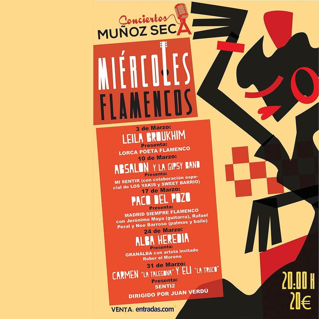 DeFlamenco.comのインスタグラム：「Nacen los ‘Miércoles flamencos’ en el Muñoz Seca de Madrid  De la mano del incombustible Juan Verdú, que ya creara los míticos ‘Lunes flamencos de Revolver’, los flamencos se hacen sitio en Madrid. Será en el Teatro Muñoz Seca, en el centro de Madrid, con una capacidad limitada a 200 espectadores se han programado 5 actuaciones para los miércoles del mes de marzo.  Pues eso, los miércoles flamencos en el @teatromunozsecamadrid, vayan apuntándose, el flamenco se abre camino en Madrid.   En la portada de nuestra web deflamenco.com   #flamenco #deflamenco #flamencomadrid #madridflamenco   @leilah_flamenco @delpozopaco @latruco @carmentalegona @alba.heredia」