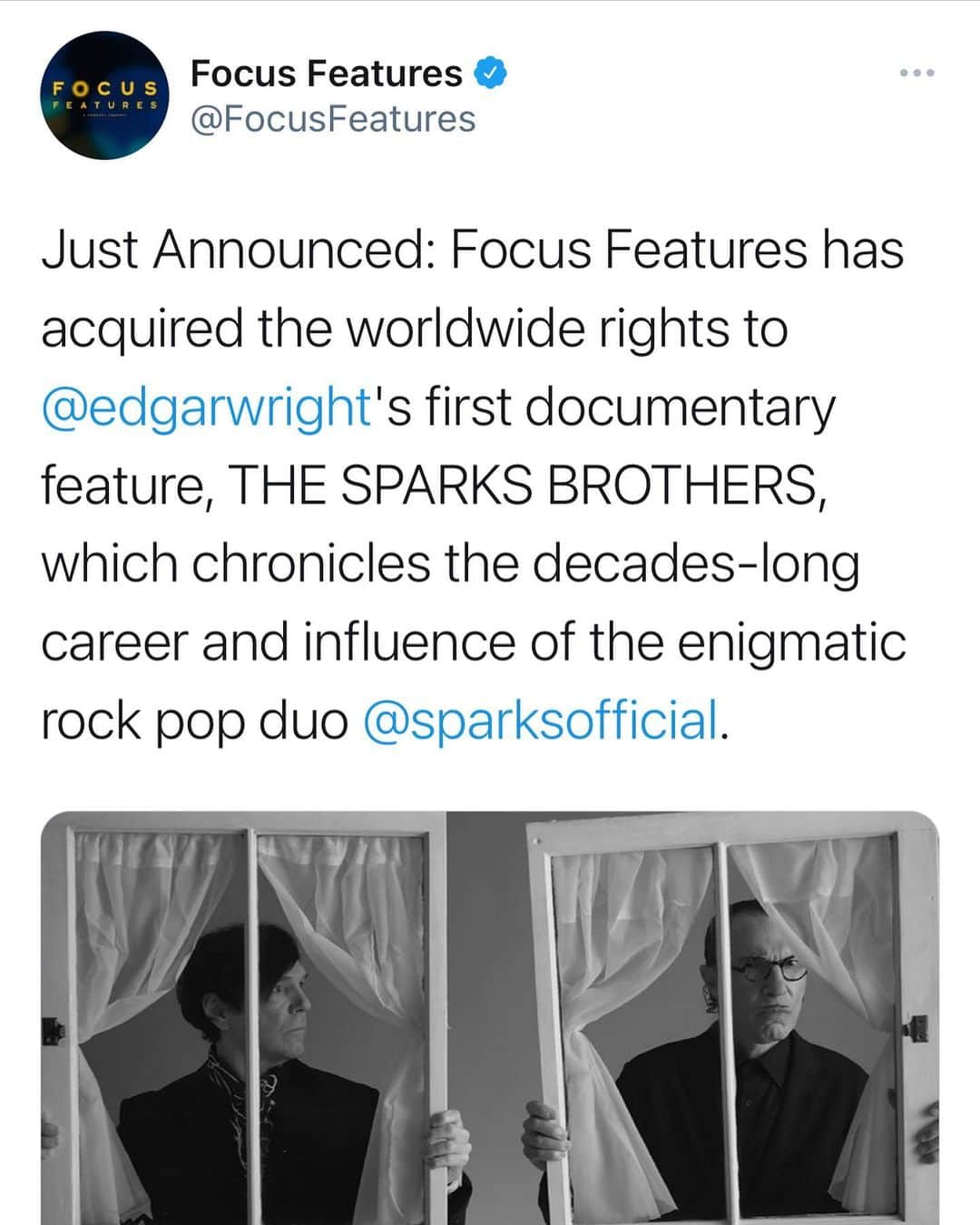 エドガー・ライトのインスタグラム：「I'm thrilled to announce that @focusfeatures will be releasing my first documentary, THE SPARKS BROTHERS, worldwide later this year. Cannot wait for all you to see it...」