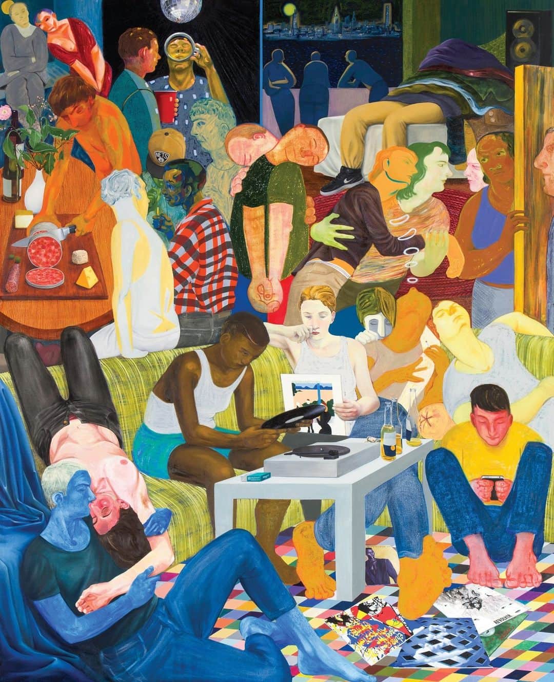 The New Yorkerのインスタグラム：「“Another Green World” is one of the best-known works by the artist Nicole Eisenman, who constructs figurative, narrative images filled with angst and humor. The painting shows two dozen youngish people at a houseparty, painted at various levels of verisimilitude, as if from different periods in art history. Eisenman often paints figures that don’t supply binary gender information, and her work tends to be marked by indeterminacy—of mood, of the likelihood of a happy ending. It also is animated by a generous, sometimes goofy earnestness. “I enjoy my work, and it’s a beautiful world, even in its falling-apartness,” she said. At the link in our bio, read Ian Parker’s Profile of the MacArthur award-winning artist, who has created some of the most ambitious works of her career during the pandemic, including a lush new painting that she describes as “very romantic—a Douglas Sirk film still.” Art work courtesy the artist and Anton Kern Gallery / Collection of the Museum of Contemporary Art.」