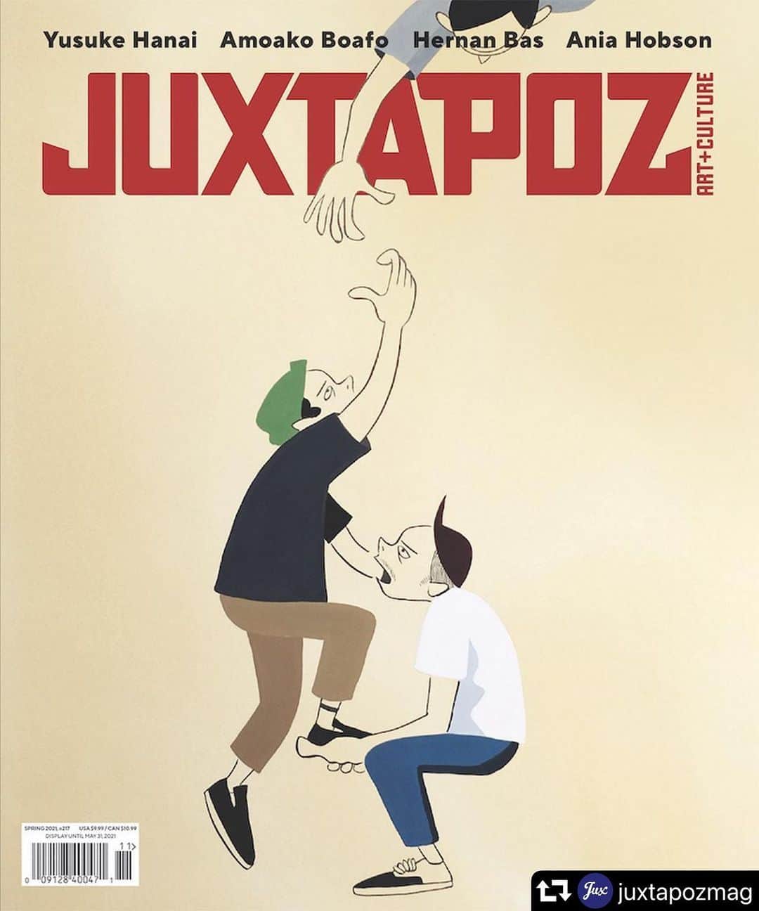 花井祐介のインスタグラム：「I can’t describe how I’m honored and stoked!  My art on a cover of Juxtapoz magazine.  My all time favorite American art and culture magazine. Thanks @juxtapozmag @epricco   こんな事が起きる日が来るとは思ってもいませんでした。自分の絵がJuxtapoz の表紙を飾るとは！ 去年取材を受けて雑誌内にインタビューが載るのはわかっていましたがまさか表紙になるとは！知ってから内緒にするのが大変でした。まだウチには届いてないから早く実物を見たい！手が震えるぜ！  #repost @juxtapozmag ・・・ New SPRING 2021 Quarterly edition, out now, featuring @hanaiyusuke cover art!  Also featuring @amoakoboafo @lolas_venus @ania_hobson @hernanbas @ryantravischristian @eniwamura @cathrin.hoffmann @tonytoscani @khalik_allah @tiffanyalfonseca @chrispymartin @yinka_ilori @abcdefghelen and more!」