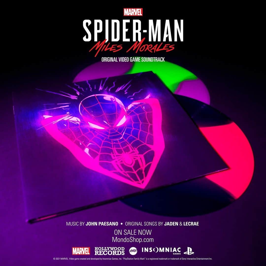 Marvel Entertainmentのインスタグラム：「Back in stock! The Original Video Game Soundtrack to "Marvel’s Spider-Man: Miles Morales" – featuring John Paesano’s score and original songs by Jaden and Lecrae – is on sale now from Mondo at MondoShop.com. #MilesMoralesPS5 #BeYourself #BeGreater」
