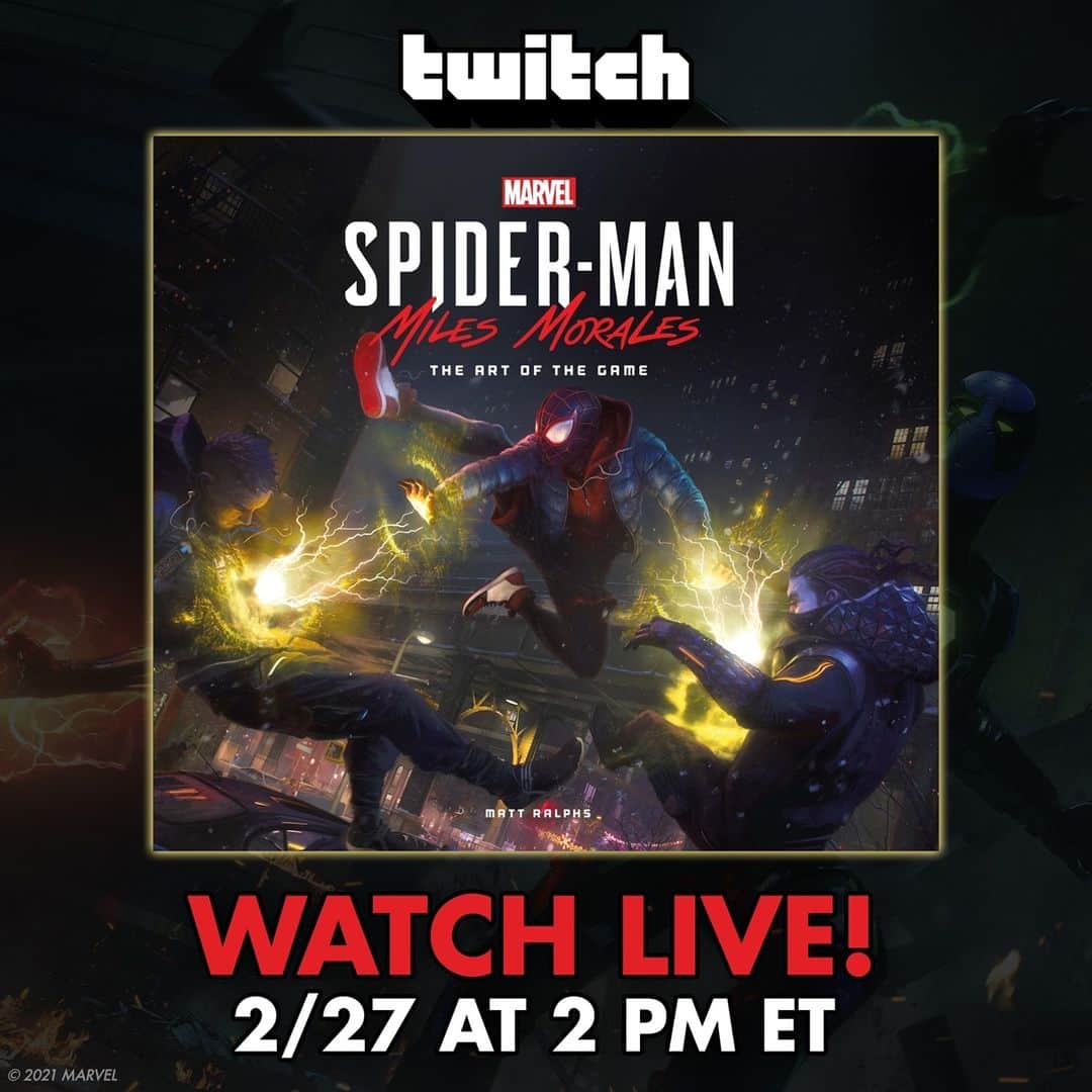 Marvel Entertainmentのインスタグラム：「Join us TOMORROW at 2PM ET on our Twitch channel as we give you an exclusive look at the "Marvel's Spider-Man: Miles Morales – The Art of the Game" book from @TitanBooks! The live Q&A features @BrianHortonArt, Jason Hickey, @GavinGoulden, and author Matt Ralphs: https://www.twitch.tv/marvel」