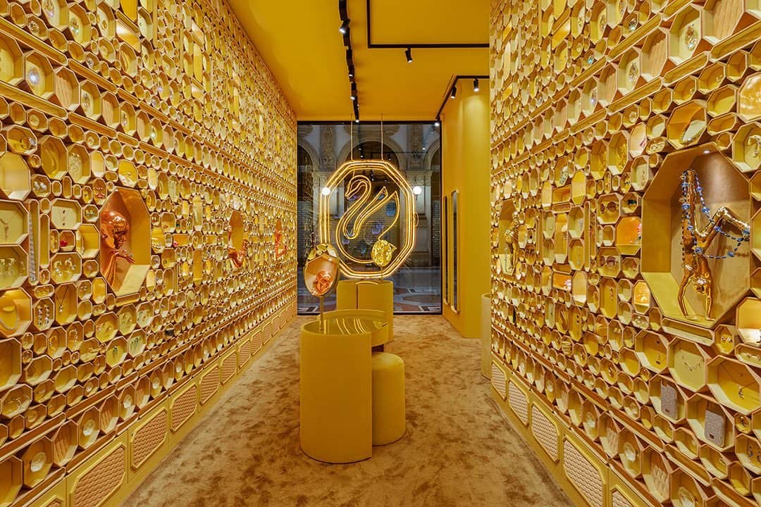 SWAROVSKIのインスタグラム：「Bold yellow walls of wonder made of magic and dreams, representing hope, warmth and positivity. The Octagon represents rebirth and the unrivalled craftsmanship of our master cutters. Wherever you look, candy box-like surprise and delight. #Swarovski #IgniteYourDreams」