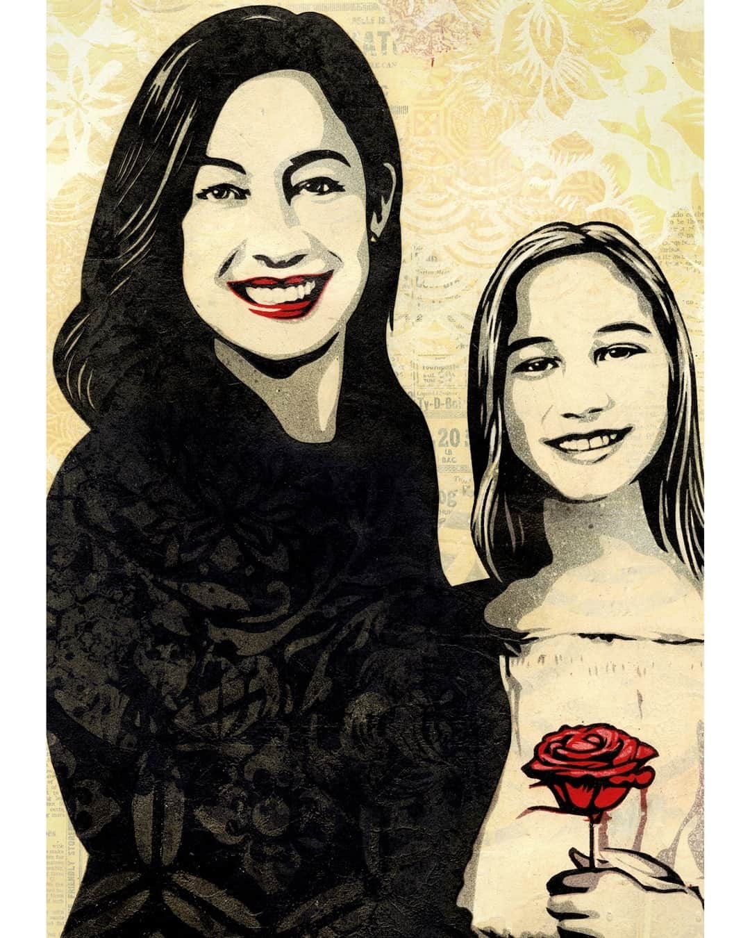 Shepard Faireyのインスタグラム：「Today is my wife Amanda’s birthday. We have been together 22 years, and yes, she was legal age when we started dating! She has helped me with my art, whether it be screen-printing, poster bombing, or just honest critique. She has helped me build our business and philanthropy efforts. She is the greatest, most loving, mom to our daughters Vivienne and Madeline (Madeline pictured with rose). All of that I’m incredibly grateful for, but above all I value her as my best friend and the person I trust most in the world to have my back but to also be brutally honest. Thanks for it all Amanda and happy birthday (I’m really glad you were born)!⁠ -Shepard」