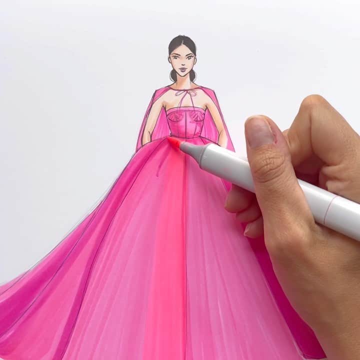 Holly Nicholsのインスタグラム：「Watch what happens when you combine a fluorescent marker over an already-saturated pink color marker 😍 using @copic_official markers here to sketch this @maisonvalentino couture look 🥰 #valentino #couture #fashionillustration #illustrator #fashionillustrator #copicmarkers #illustration #drawingvideo #tutorial」