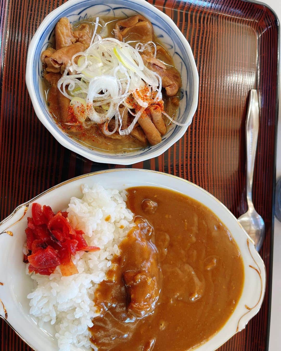 大貫亜美のインスタグラム：「インスタの調子が悪いので日本一美味しいもつ煮とミニカレーでチェックワンツー」
