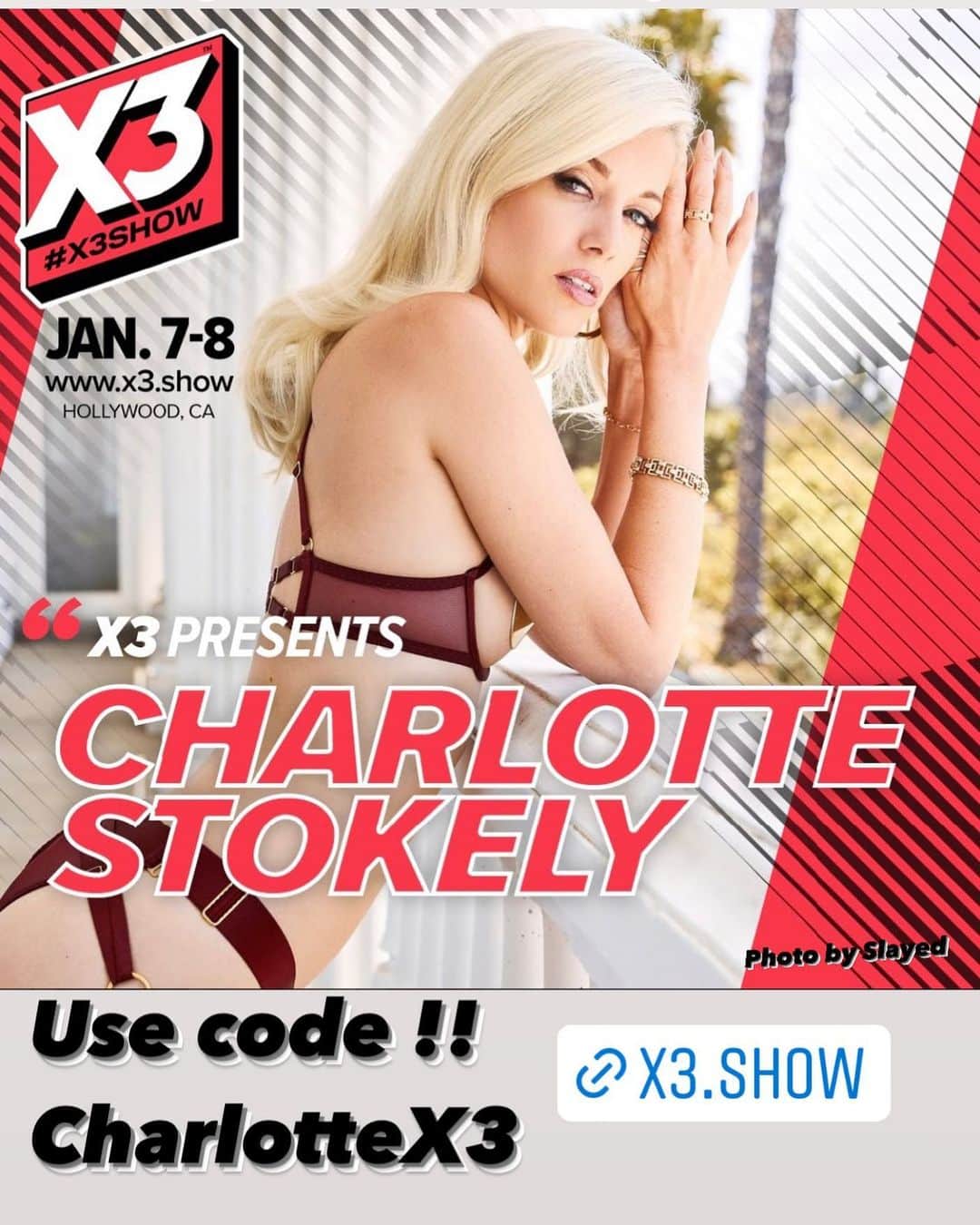 Charlotte Stokelyのインスタグラム：「Meet me in person Jan 7-8 in Hollywood at X3 show!!! Buy your  ticket today before the expo sells out!!  Use Code CHARLOTTEX3  #x32022 #autographs #meetngreet #fanphotos #inpersonevent」