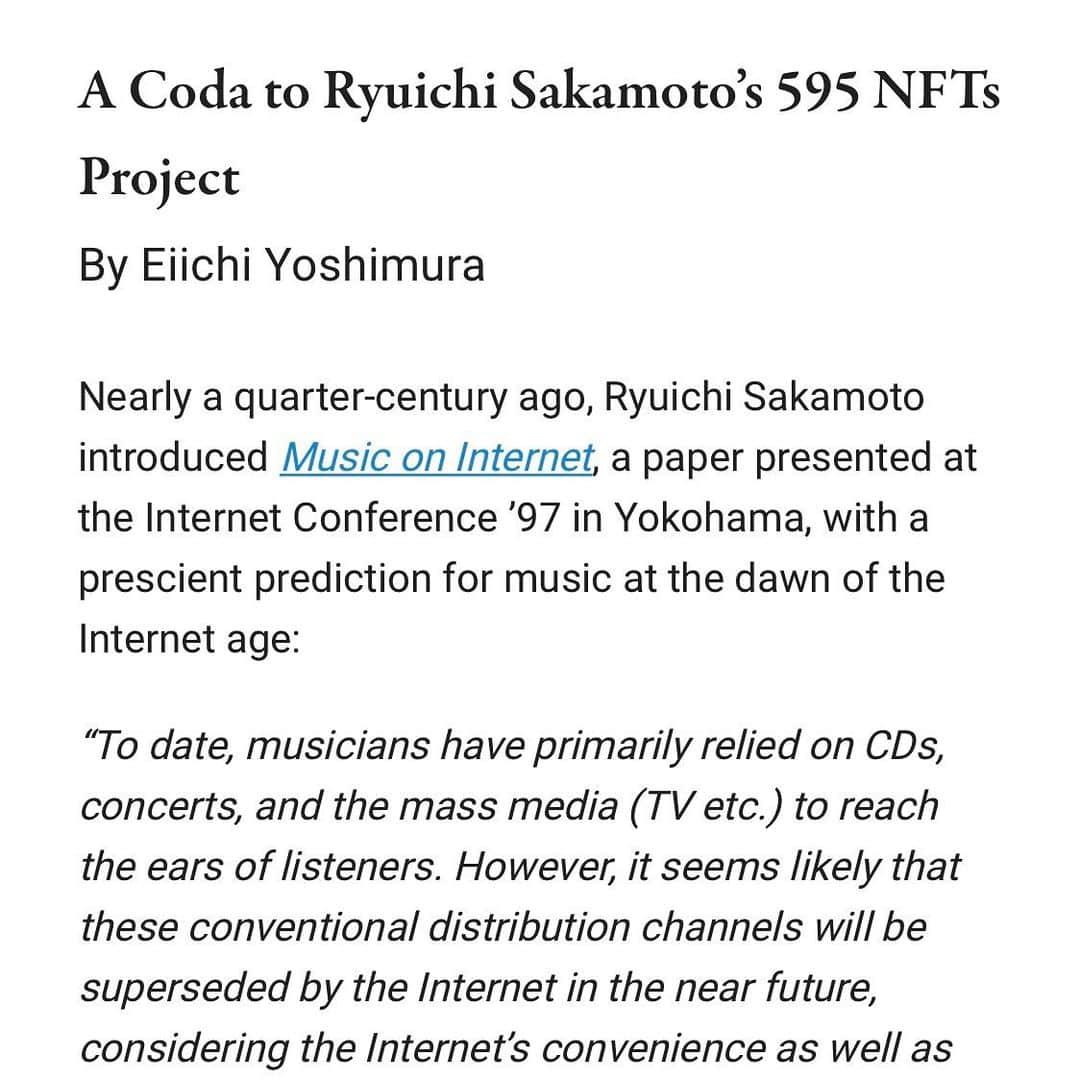 坂本龍一のインスタグラム：「“A Coda to Ryuichi Sakamoto's 595 NFTs Project"  Link in Bio  #skmtnews #ryuichisakamoto #坂本龍一 #595NFTs #SKMT_595NFTs」