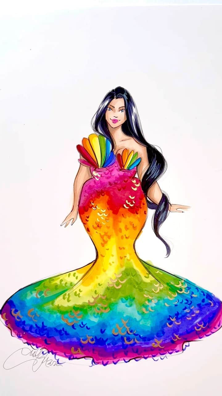 Holly Nicholsのインスタグラム：「Rainbow mermaid 🌈 🧜🏻‍♀️ #asmr #mermaid #fashionillustration #copicmarkers #rainbow」
