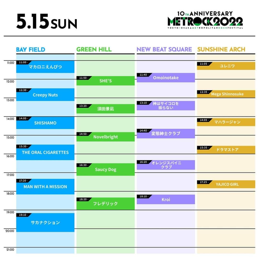 SHE'Sのインスタグラム：「5月14日(土)15日(日)開催 『OSAKA METROPOLITAN ROCK FESTIVAL 2022』  @metrock_official #メトロック #メトロック大阪  SHE'Sは 5月15日(日)11:50〜GREEN HILLに出演します。  必ずイベントオフィシャルサイトをご確認の上、ご来場をお願い致します。  https://metrock.jp/  グッズ販売：開場時刻より販売予定 販売ラインナップは2枚目の画像をご確認ください。  #SHE_S #春フェス」