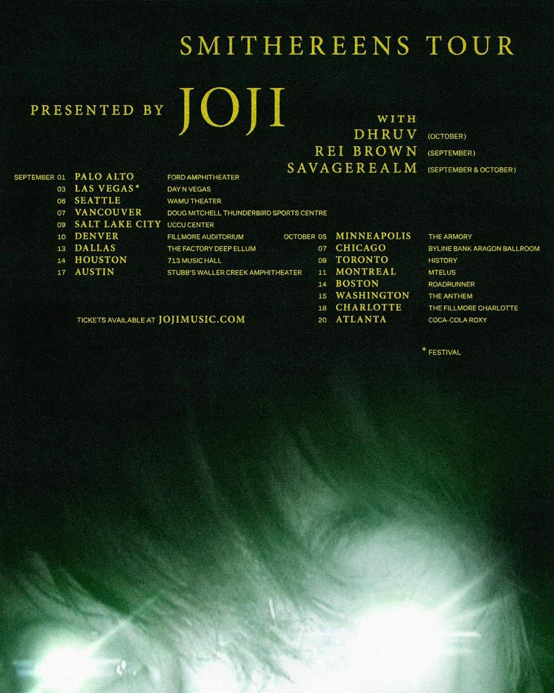 Jojiのインスタグラム：「SMITHEREENS TOUR. ON SALE THURSDAY JUNE 16TH 10 AM LOCAL TIME. Presale starts Wednesday June 15th. Register for access at jojimusic.com」