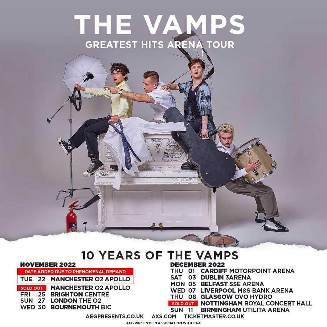 The Vampsのインスタグラム：「Due to incredible demand from you guys we have added a second date in Manchester 🔥 The Apollo is one of our favourite venues of all time, we cannot wait for this tour and to see you all there ♥️ let’s go! #10yearsofthevamps」