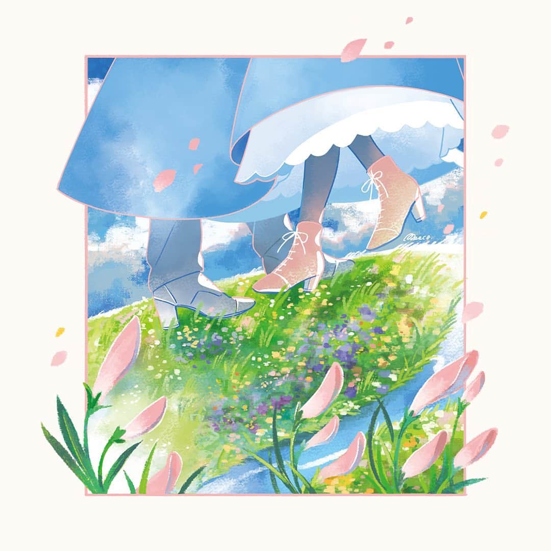 みーこさんのインスタグラム写真 みーこinstagram スタジオジブリ Hot Topic Harajuku Collective にて描かせていただいたハウルとソフィーのイラストの2枚目 作中でも特に好きなお花畑のシーンをイメージして描きました 原宿の期間限定ポップアップストア