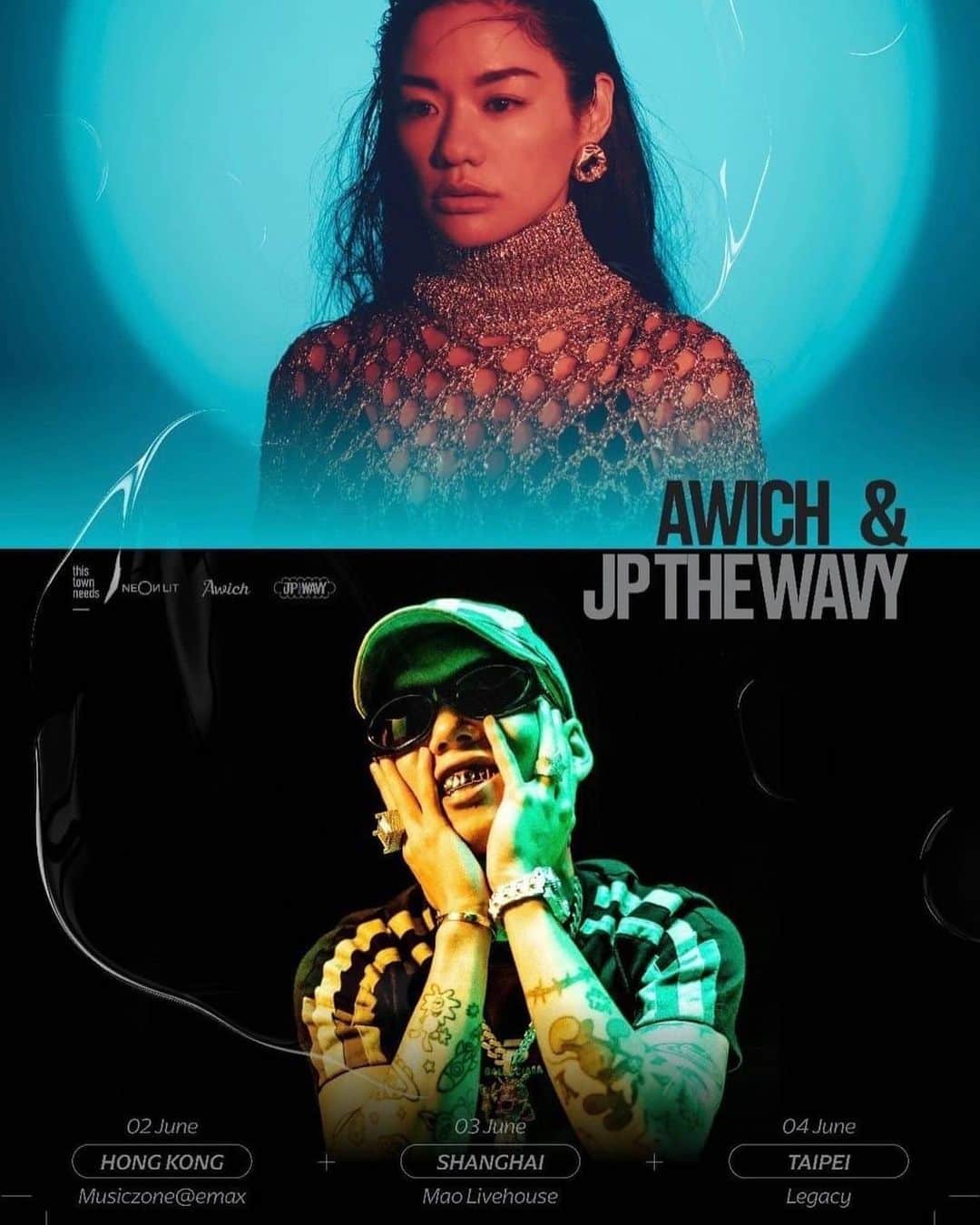 Awichのインスタグラム：「Awich & JP THE WAVY  "Rising Asia Tour"  ツアーでも話したとおり、グラミーに向かってどんどん世界に進むよ🌎✨💫  アジアツアーやります🔥しかも @sorry_wavy と一緒に😍  世界中の友達に知らせてね🌎📣😍✨ Tell them I’m coming😈😍🙏🔥🔥🔥🔥  Awich & JP THE WAVY "Rising Asia Tour"   2023/06/02 (FRI) 香港 MUSICZONE@EMAX Special guest : Youngqueenz  2023/06/03 (SAT) 上海 MAOLIVEHOUSE Special guests：Psy.P | Straight Fire Gang  2023/06/04 (SUN) 台北 LEGACY TAIPEI Special guests：Asiaboy & Lizi | Multiverse  #Awich #JPTHEWAVY #RisingAsiaTour  Can’t wait to see you all there🔥🔥🙏❤️  Tickets info on my highlight  チケットはハイライトから❤️」